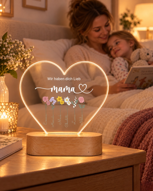 Personalisiertes Herz Acryl-Licht "Blumen für Mama" | Nachtlicht, Dekolicht, Glowlight