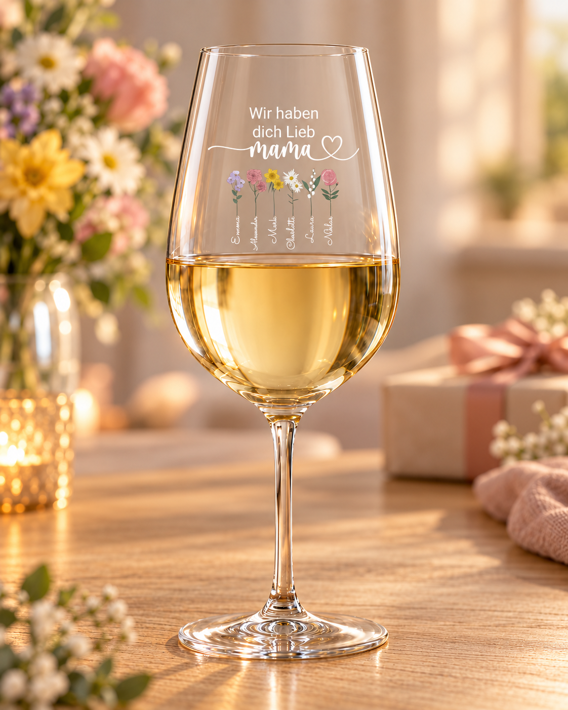 Personalisiertes Kelchglas "Blumen für Mama"