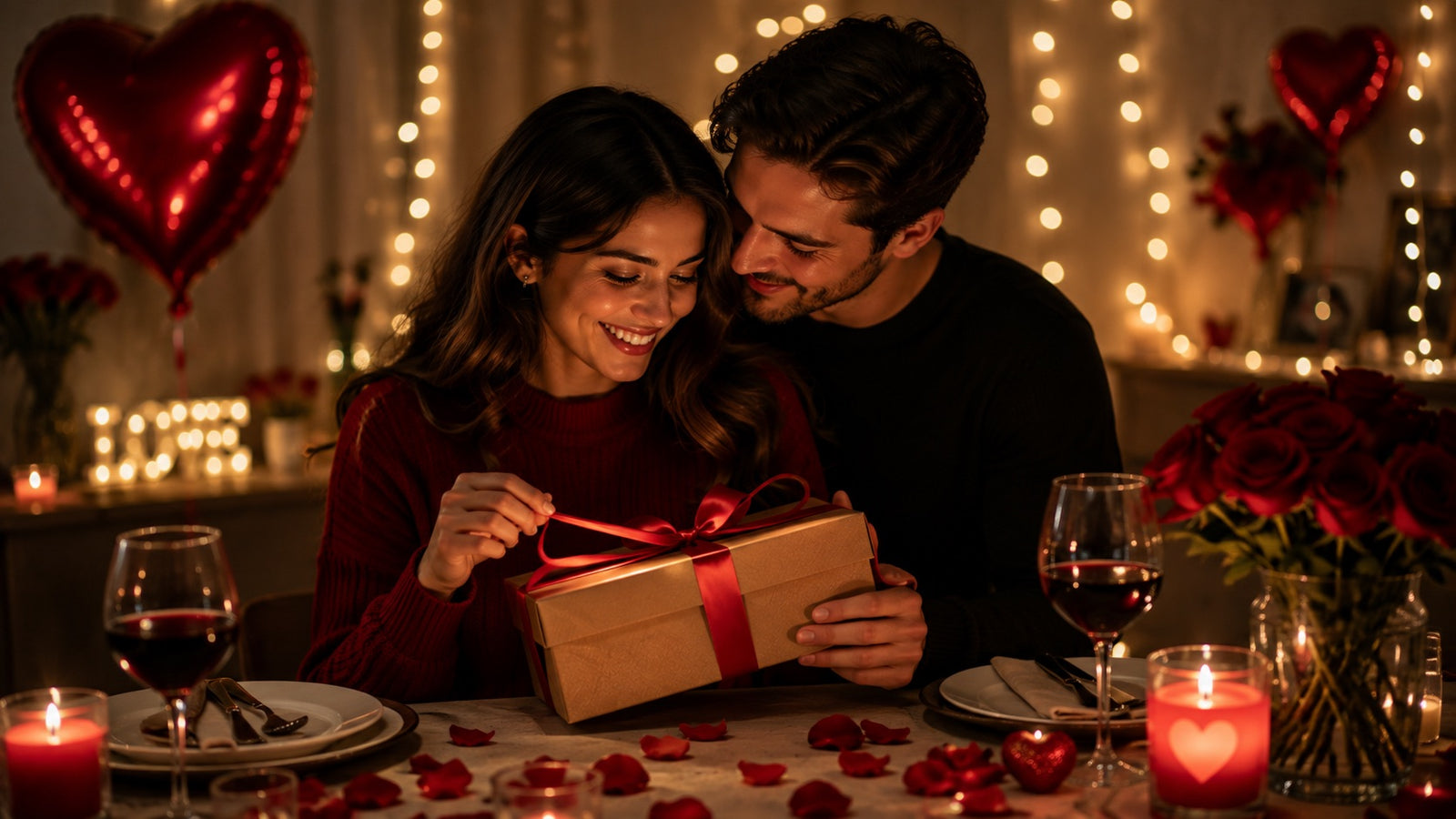 Paar bei Kerzenschein öffnet ein personalisiertes Geschenk
